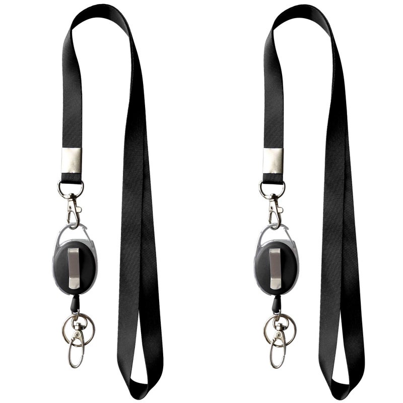 HoAoOo 2 Lanyards + 2 Retractable Badge Reel with Clip and Key Ring for ID Card Holders (Black) - Image 2